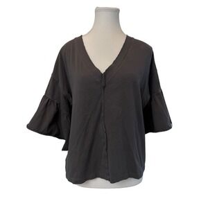 Peasant Top Med/Lrg Gray V-Neck‎ Raw Edge Bell Sleeve Top Boho Oversized  Basics